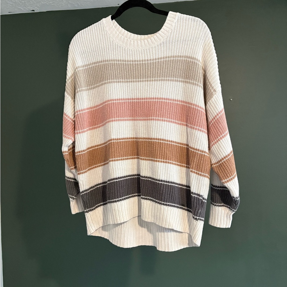 Hollister Women's Striped Sweater in Cream, Pink, and Brown